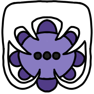 A light purple oval with eight half-circles around it, representing a table with people sitting at it. the table has a black ellipsis on it, and there is a shared speech bubble with six tails all coming from the table.